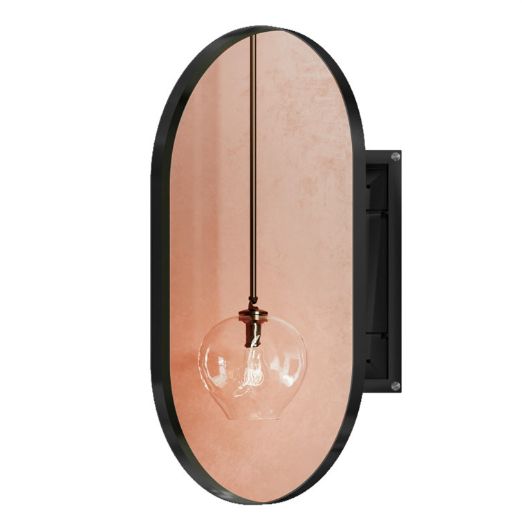 20x34 Inch Oval Matte Black Metal Recessed Medicine Cabinet with Mirror