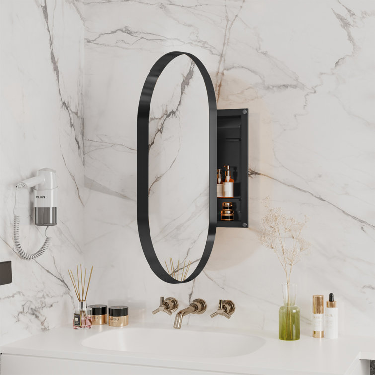 20x34 Inch Oval Matte Black Metal Recessed Medicine Cabinet with Mirror