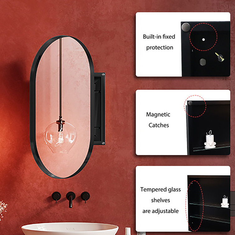 20x34 Inch Oval Matte Black Metal Recessed Medicine Cabinet with Mirror