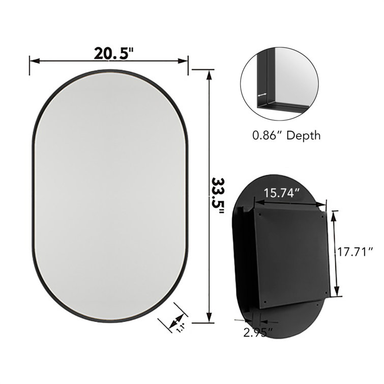 20x34 Inch Oval Matte Black Metal Recessed Medicine Cabinet with Mirror