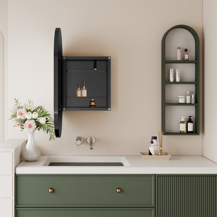 20x34 Inch Oval Matte Black Metal Recessed Medicine Cabinet with Mirror