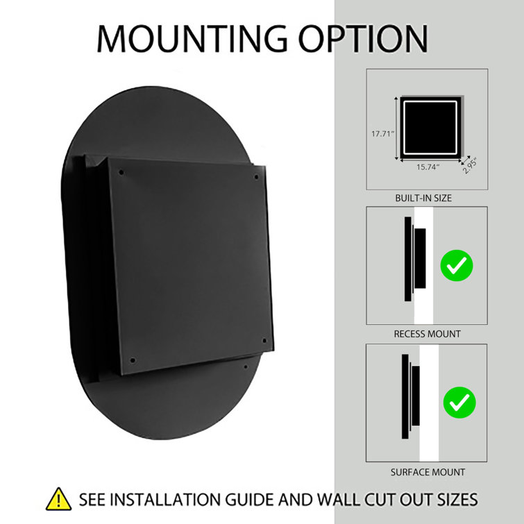 20x34 Inch Oval Matte Black Metal Recessed Medicine Cabinet with Mirror