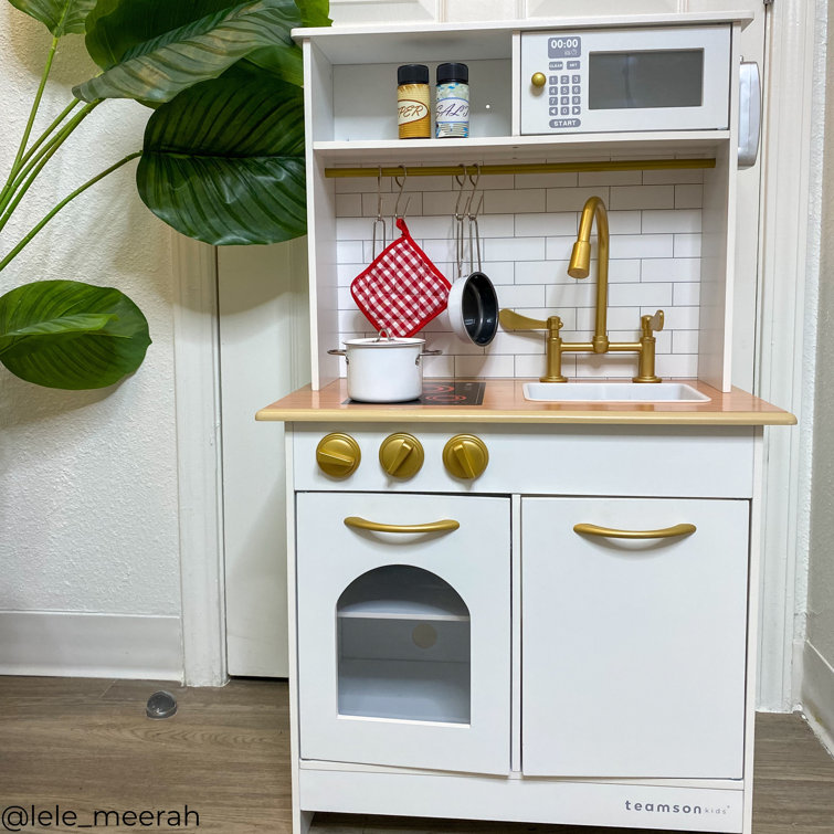 White and Gold Wooden Play Kitchen with Accessories