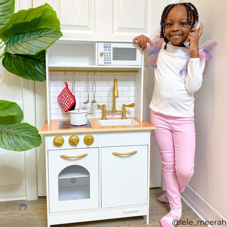 White and Gold Wooden Play Kitchen with Accessories