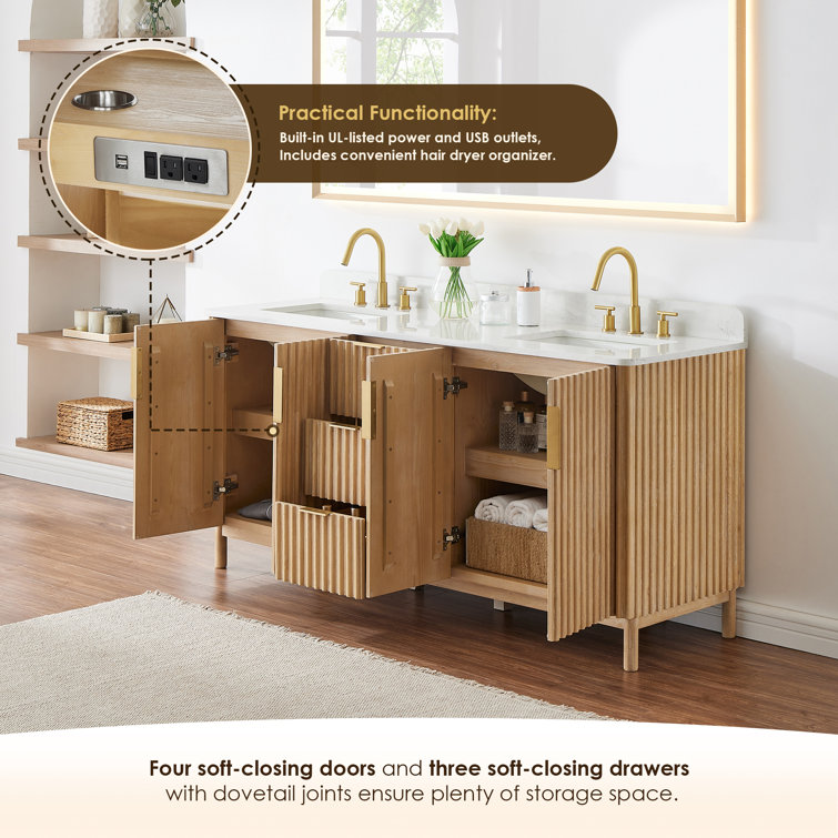 Wernher 72" Natural Wood Double Bathroom Vanity with White Stone Countertop