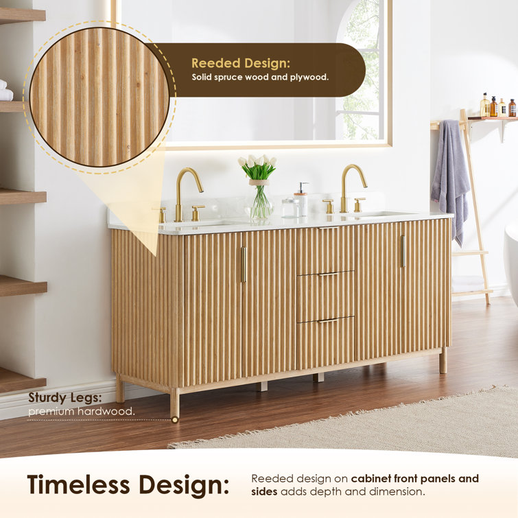 Wernher 72" Natural Wood Double Bathroom Vanity with White Stone Countertop