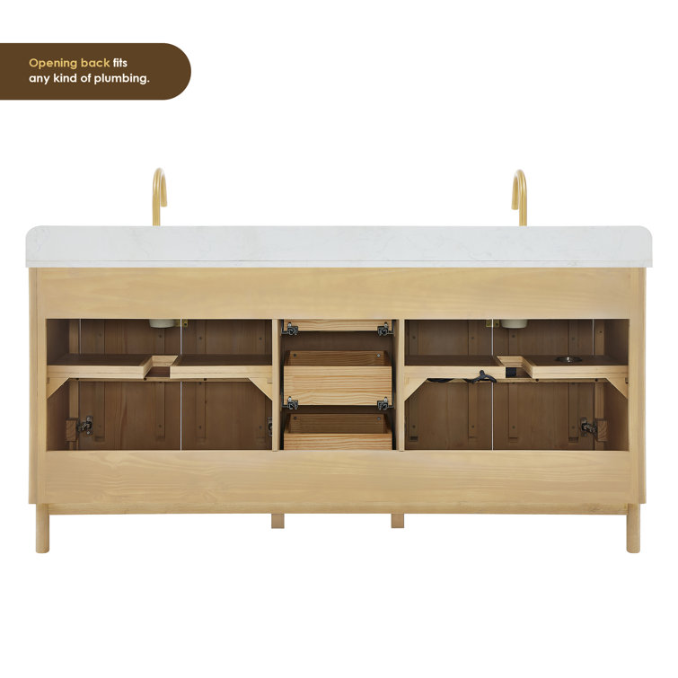 Wernher 72" Natural Wood Double Bathroom Vanity with White Stone Countertop