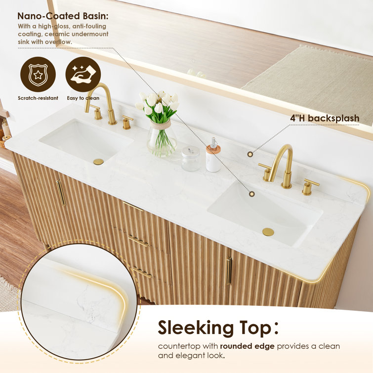 Wernher 72" Natural Wood Double Bathroom Vanity with White Stone Countertop