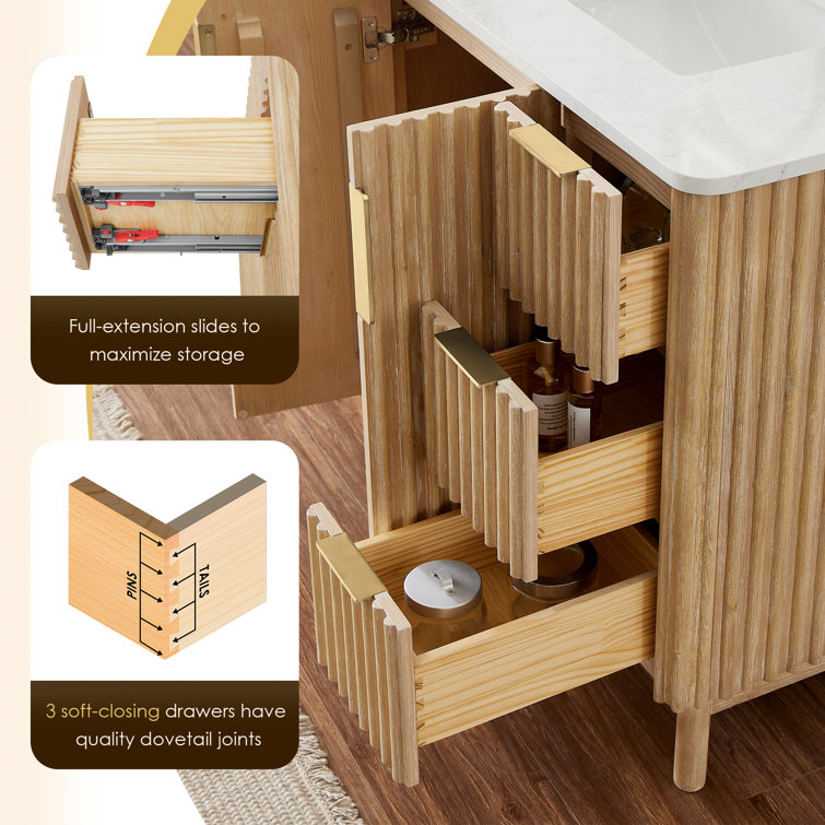Wernher 72" Natural Wood Double Bathroom Vanity with White Stone Countertop