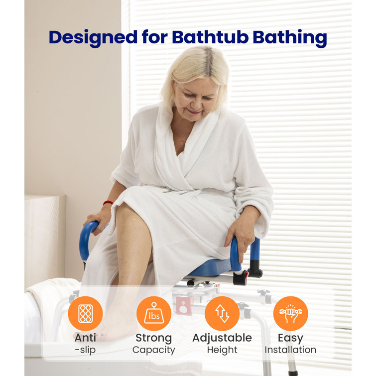 Blue Adjustable Plastic Sliding Shower Chair with Armrests