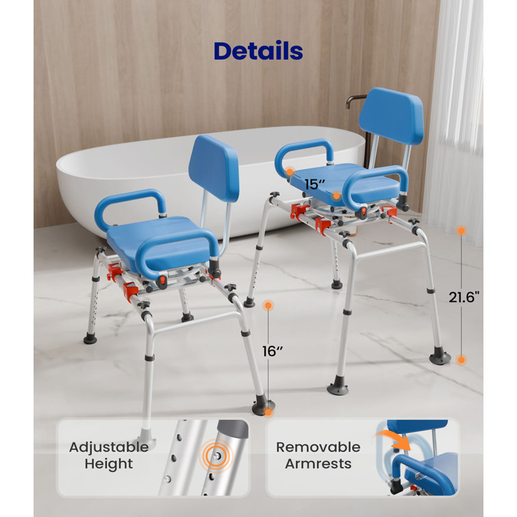 Blue Adjustable Plastic Sliding Shower Chair with Armrests