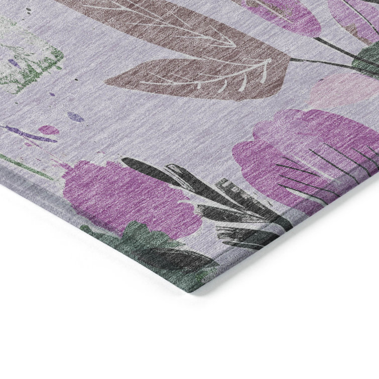 Lavender and Green Floral Washable Rectangular Rug