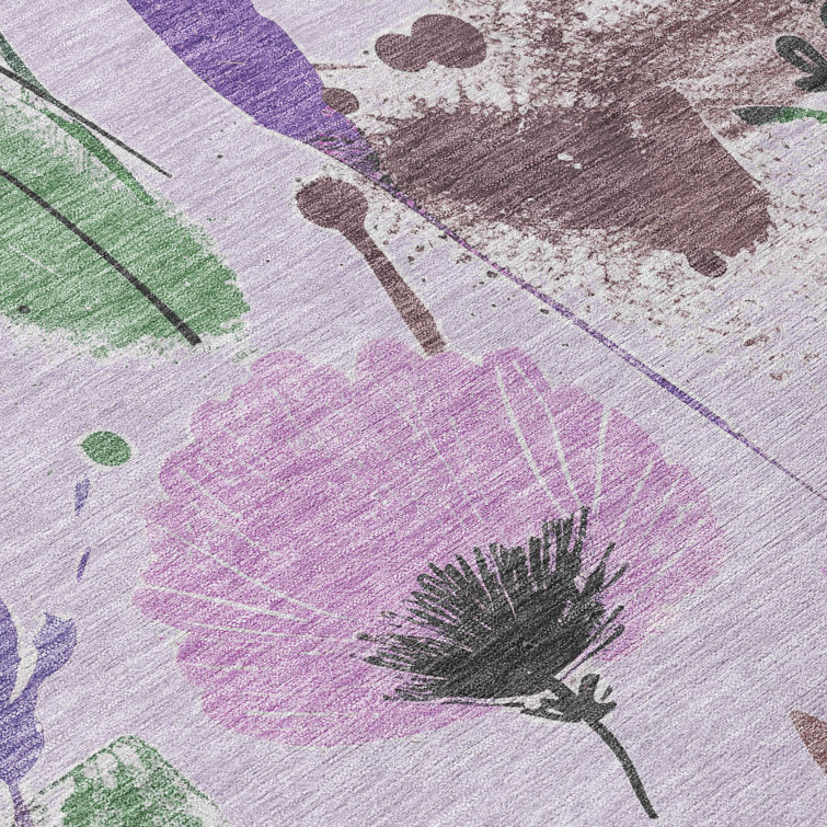 Lavender and Green Floral Washable Rectangular Rug