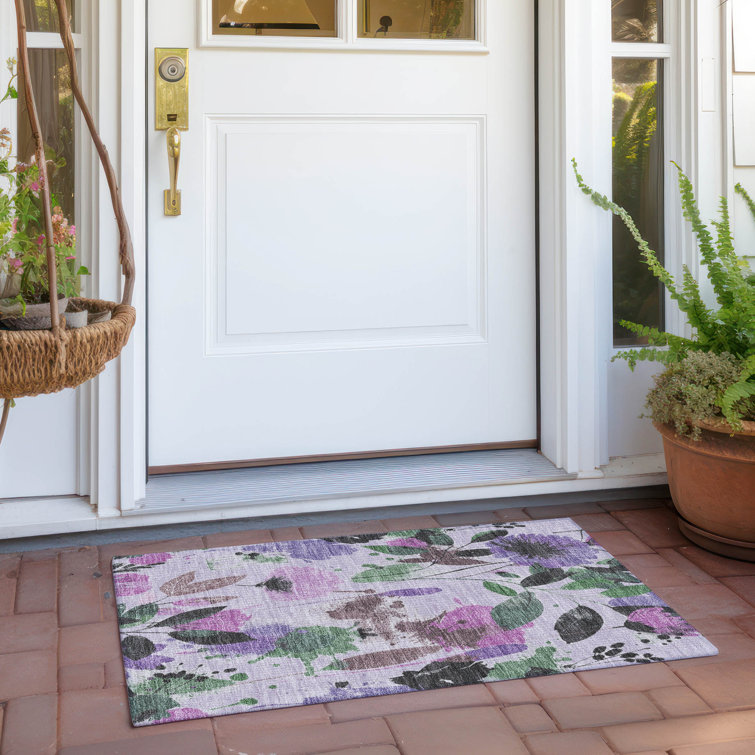 Lavender and Green Floral Washable Rectangular Rug