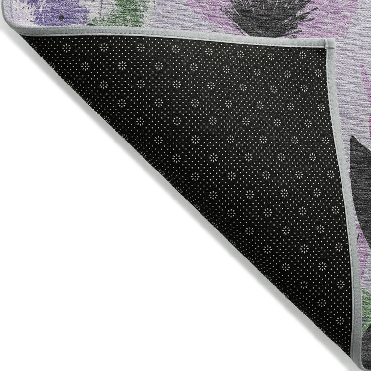 Lavender and Green Floral Washable Rectangular Rug