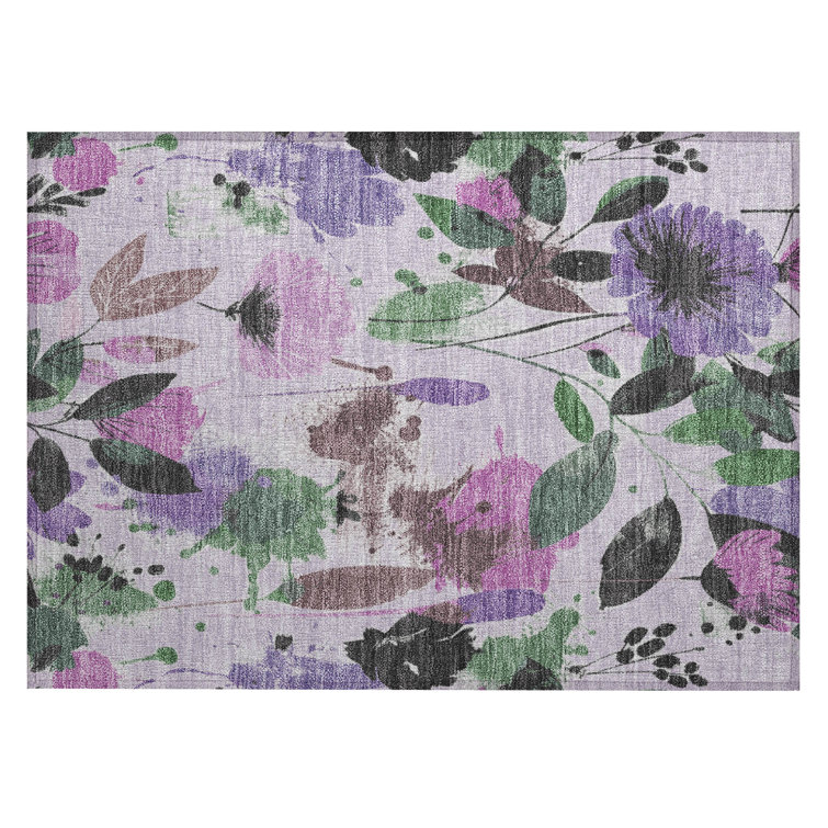 Lavender and Green Floral Washable Rectangular Rug