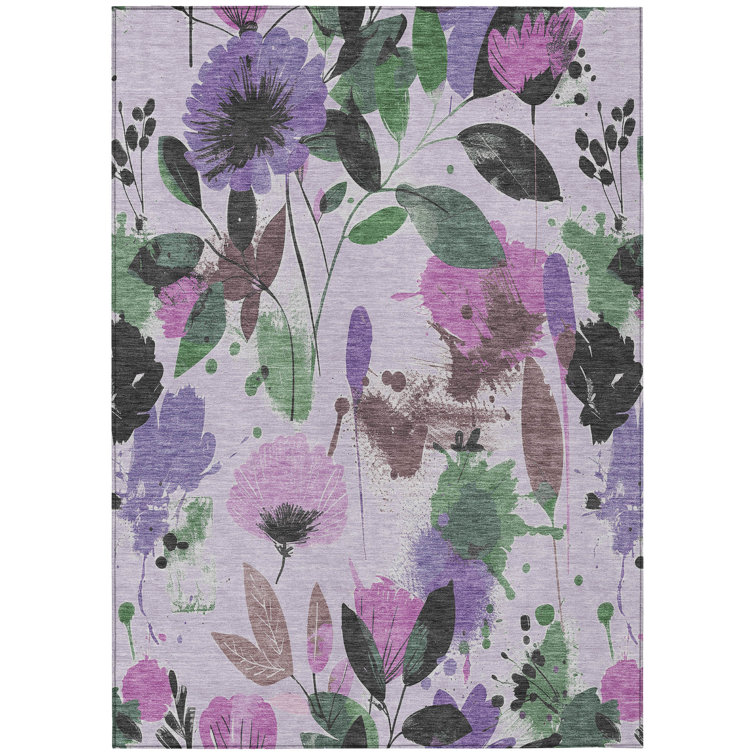 Lavender and Green Floral Washable Rectangular Rug