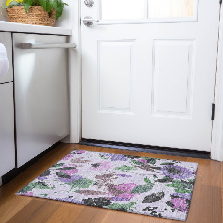 Lavender and Green Floral Washable Rectangular Rug