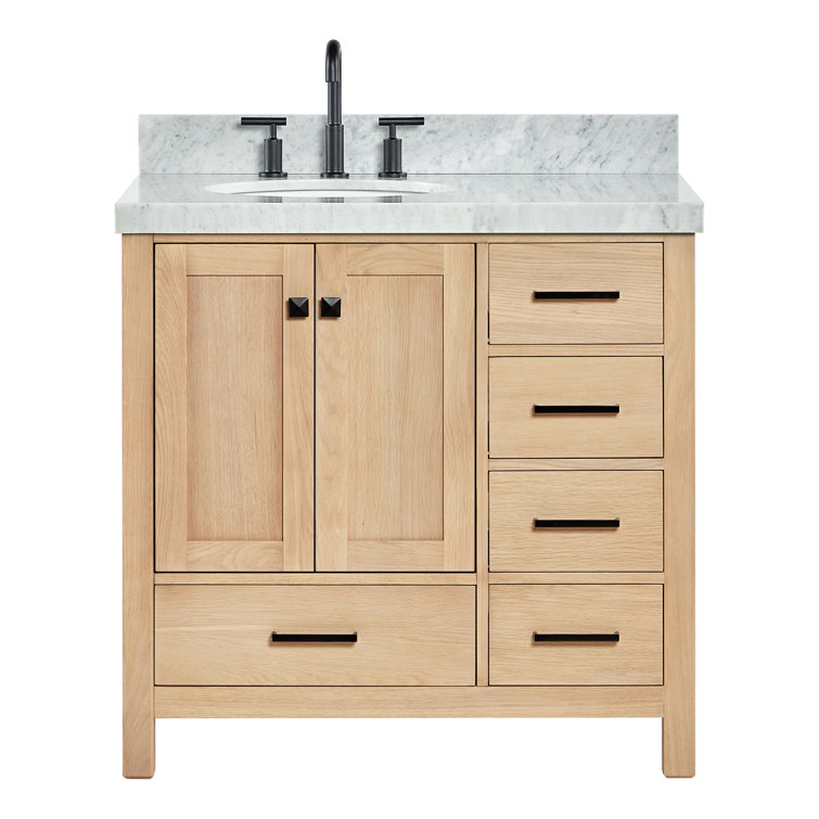 Oak Freestanding Vanity with Carrara Marble Top and Black Hardware