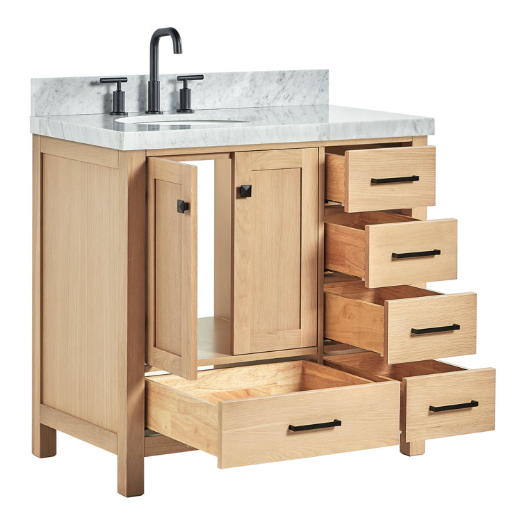 Oak Freestanding Vanity with Carrara Marble Top and Black Hardware