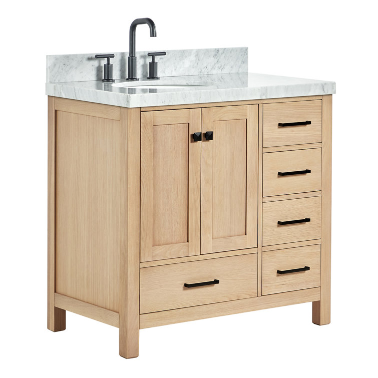 Oak Freestanding Vanity with Carrara Marble Top and Black Hardware