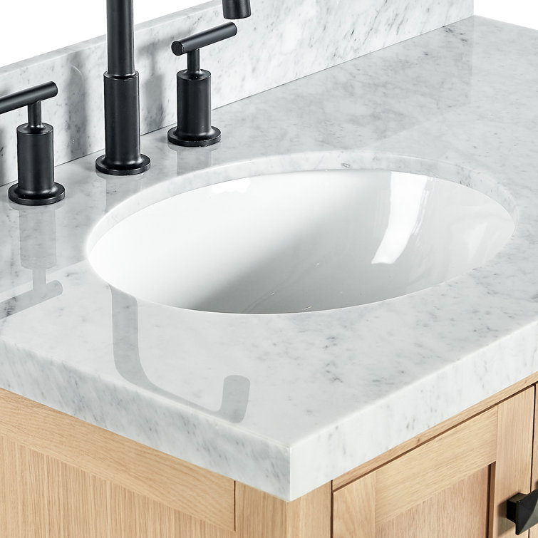 Oak Freestanding Vanity with Carrara Marble Top and Black Hardware
