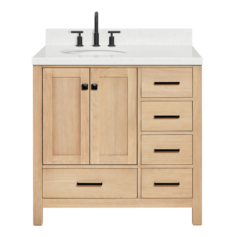 Oak Freestanding Vanity with Carrara Marble Top and Black Hardware