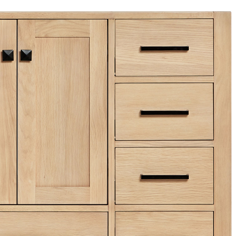 Oak Freestanding Vanity with Carrara Marble Top and Black Hardware