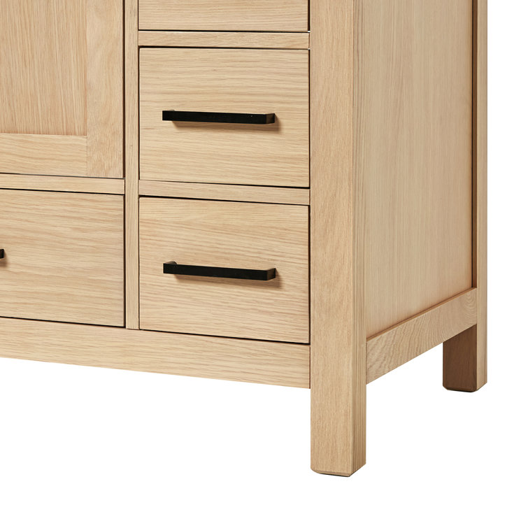 Oak Freestanding Vanity with Carrara Marble Top and Black Hardware
