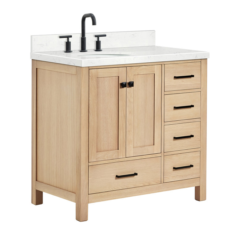 Oak Freestanding Vanity with Carrara Marble Top and Black Hardware