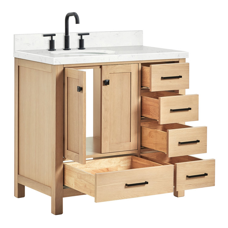 Oak Freestanding Vanity with Carrara Marble Top and Black Hardware