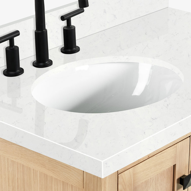 Oak Freestanding Vanity with Carrara Marble Top and Black Hardware