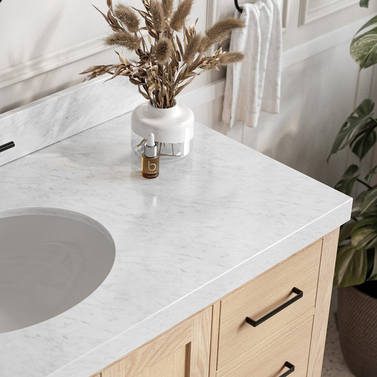 Oak Freestanding Vanity with Carrara Marble Top and Black Hardware