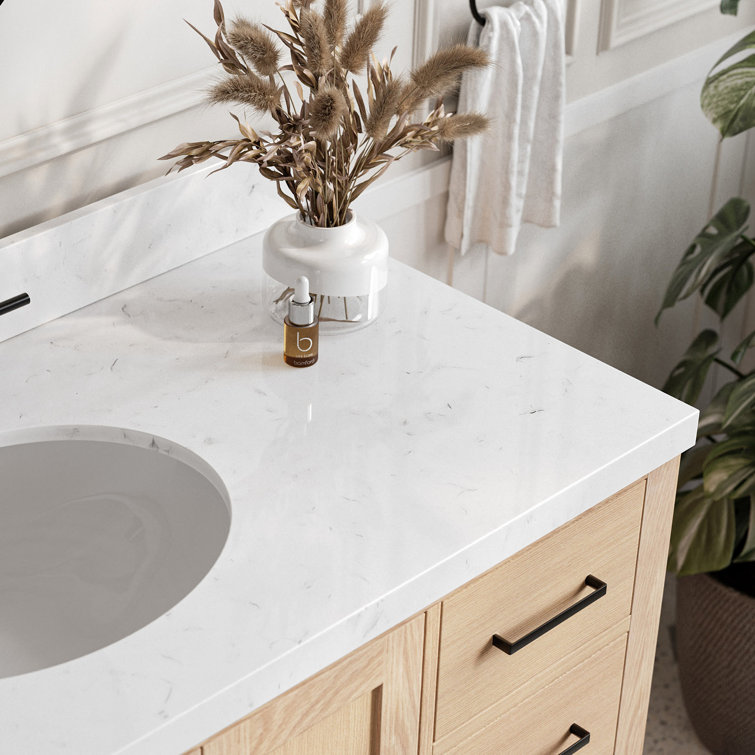 Oak Freestanding Vanity with Carrara Marble Top and Black Hardware