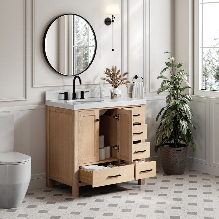 Oak Freestanding Vanity with Carrara Marble Top and Black Hardware