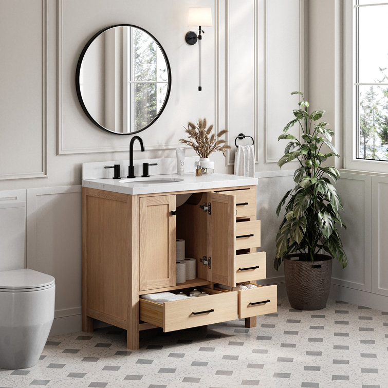 Oak Freestanding Vanity with Carrara Marble Top and Black Hardware