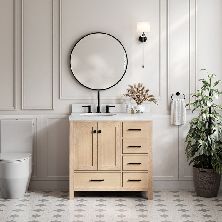 Oak Freestanding Vanity with Carrara Marble Top and Black Hardware