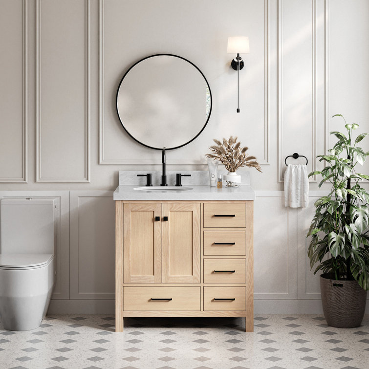 Oak Freestanding Vanity with Carrara Marble Top and Black Hardware