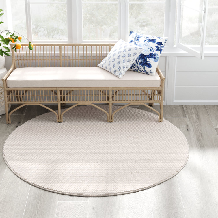 Ivory Round Flat Woven Wool and Cotton Rug
