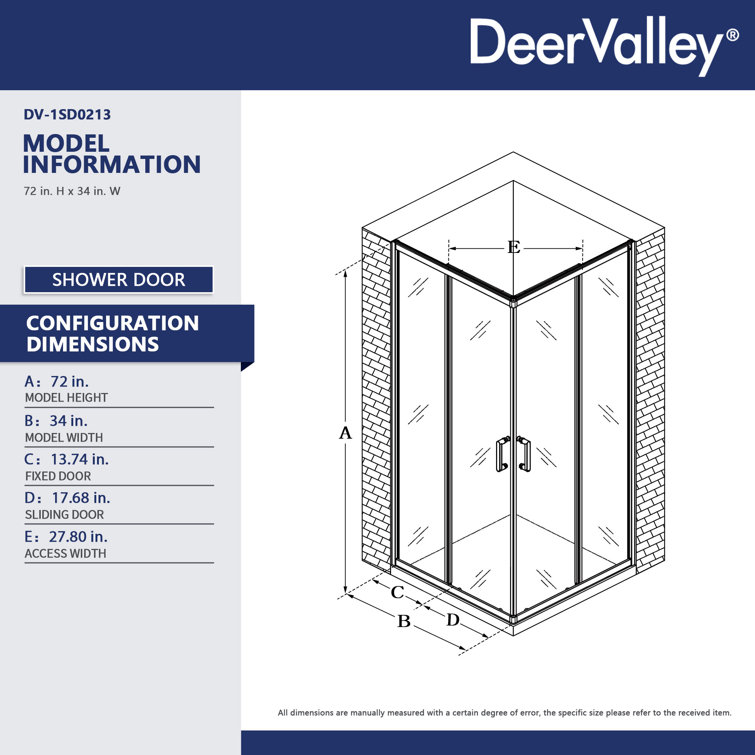 34" W x 72" H Clear Tempered Glass Shower Enclosure