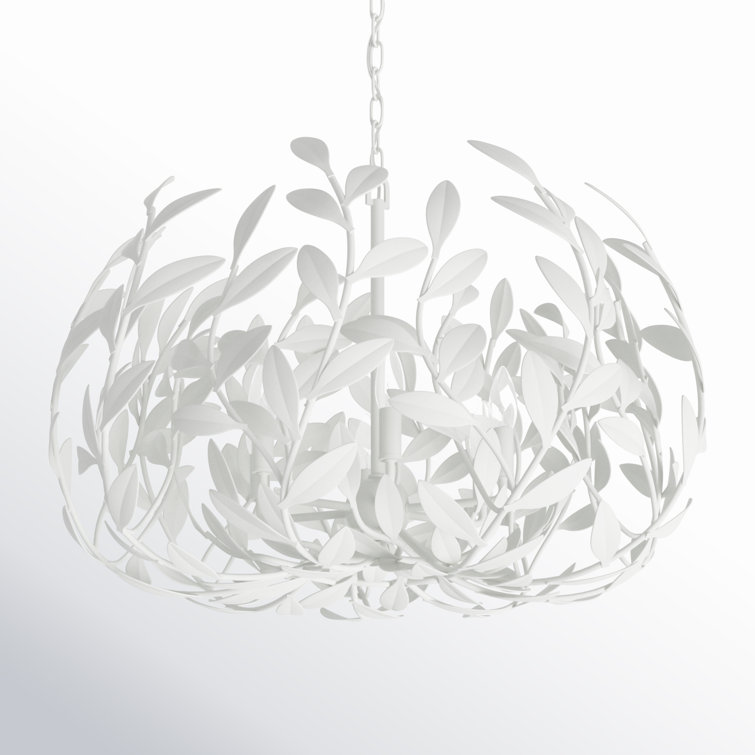 Matte White Steel Globe Chandelier with Leaf Design