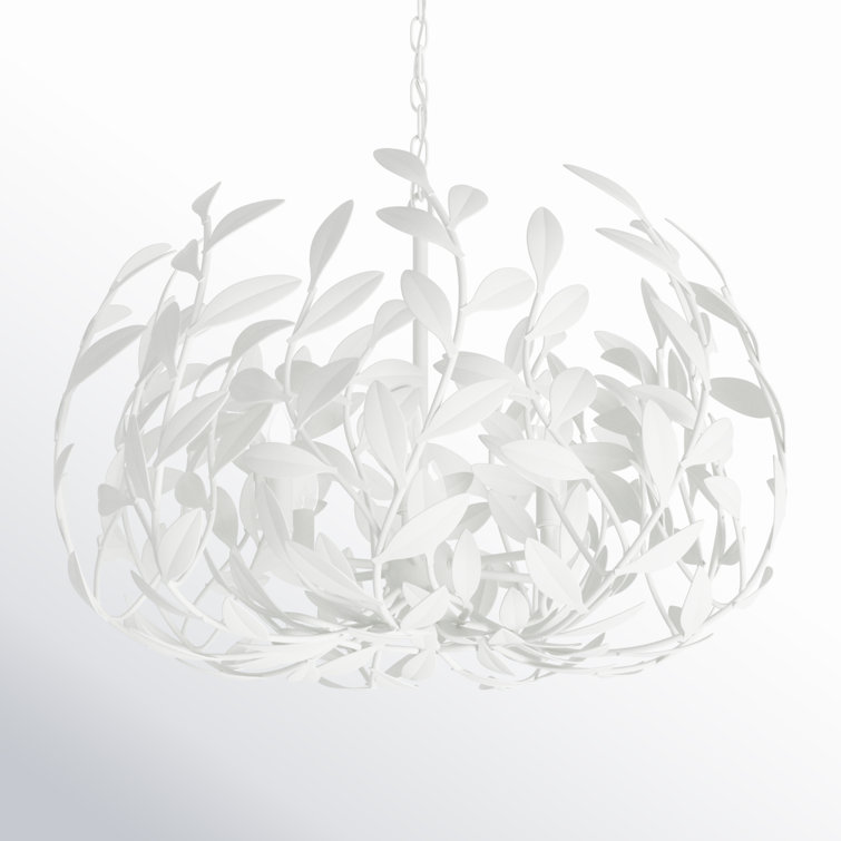 Matte White Steel Globe Chandelier with Leaf Design