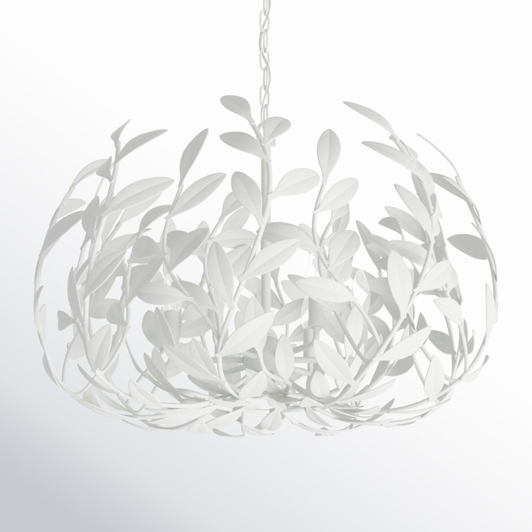 Matte White Steel Globe Chandelier with Leaf Design