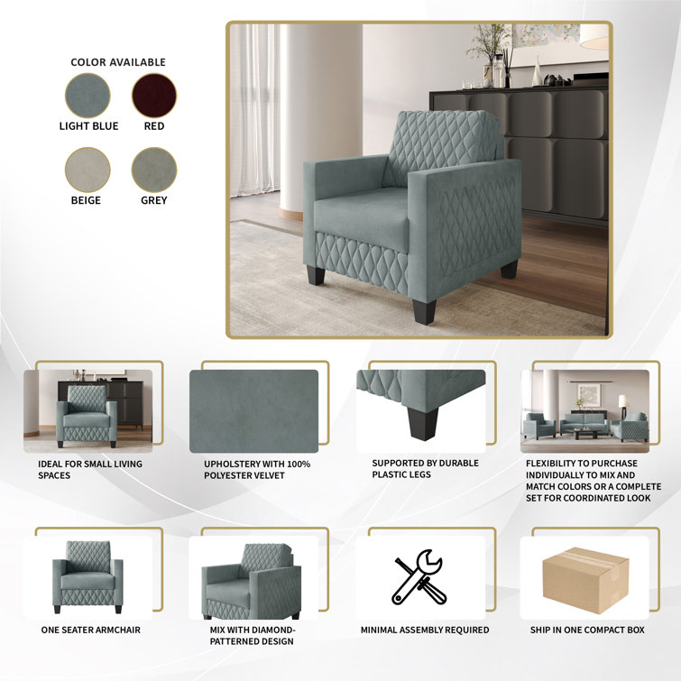 Light Blue Diamond-Patterned 3-Piece Velvet Living Room Set