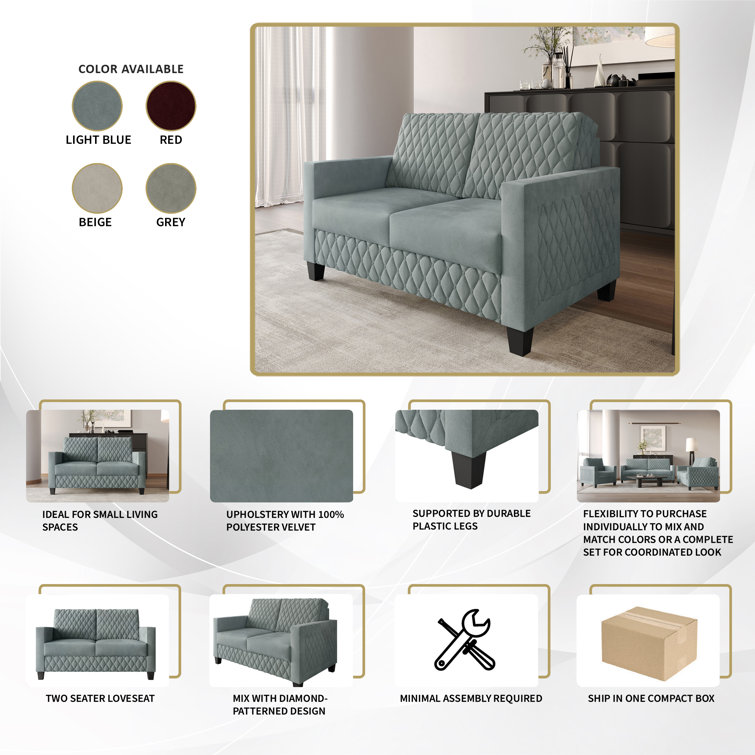 Light Blue Diamond-Patterned Velvet 2-Piece Living Room Set
