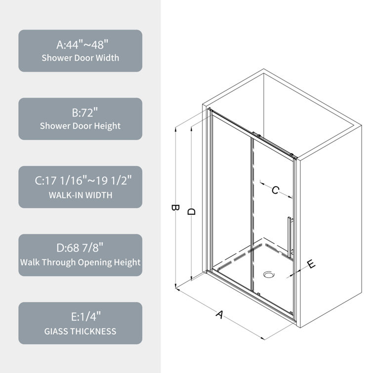Chrome 44-48"W x 72"H Sliding Shower Door with Tempered Glass