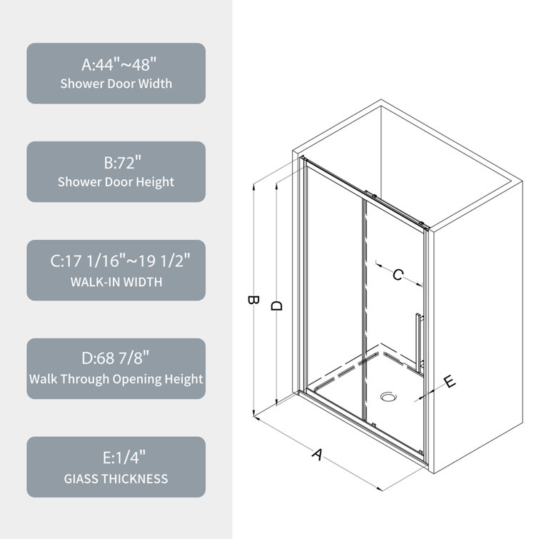 48" x 72" Matte Black Tempered Glass Sliding Shower Door