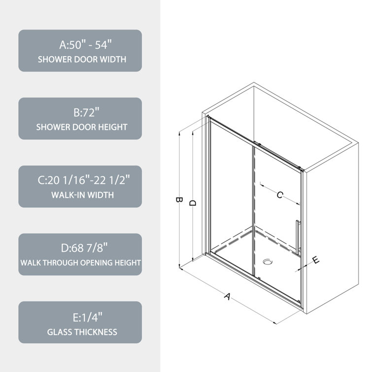 Matte Black 54"W x 72"H Sliding Shower Door with Stainless Steel Handle
