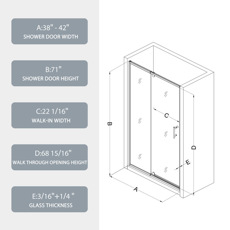 38-42" Chrome Tempered Glass Pivot Swing Shower Door