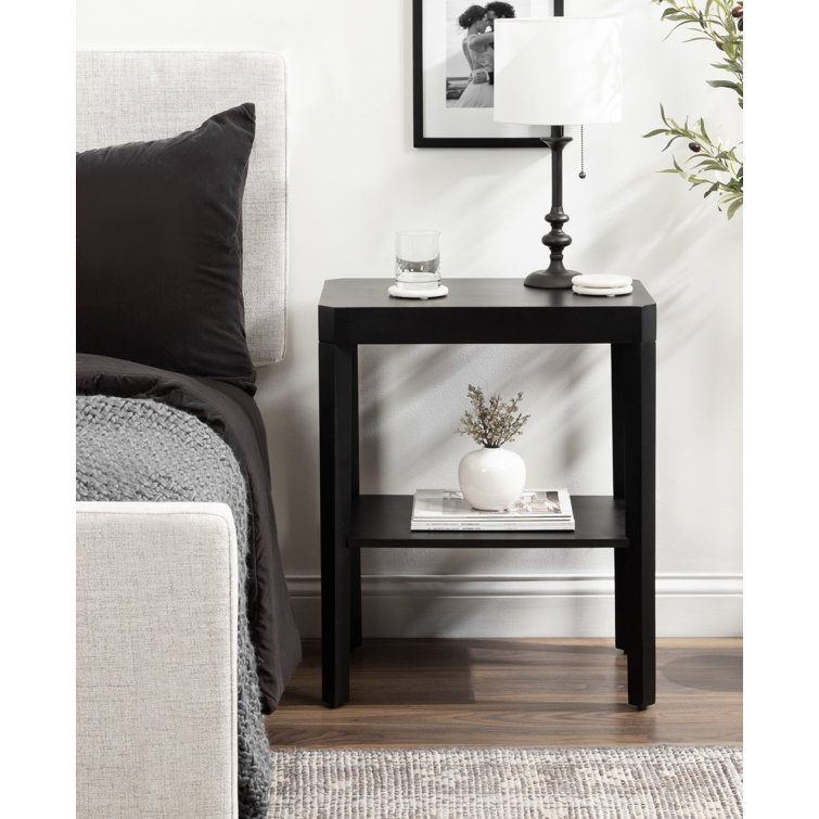 Black Solid Mango Wood Rectangular End Table with Shelf